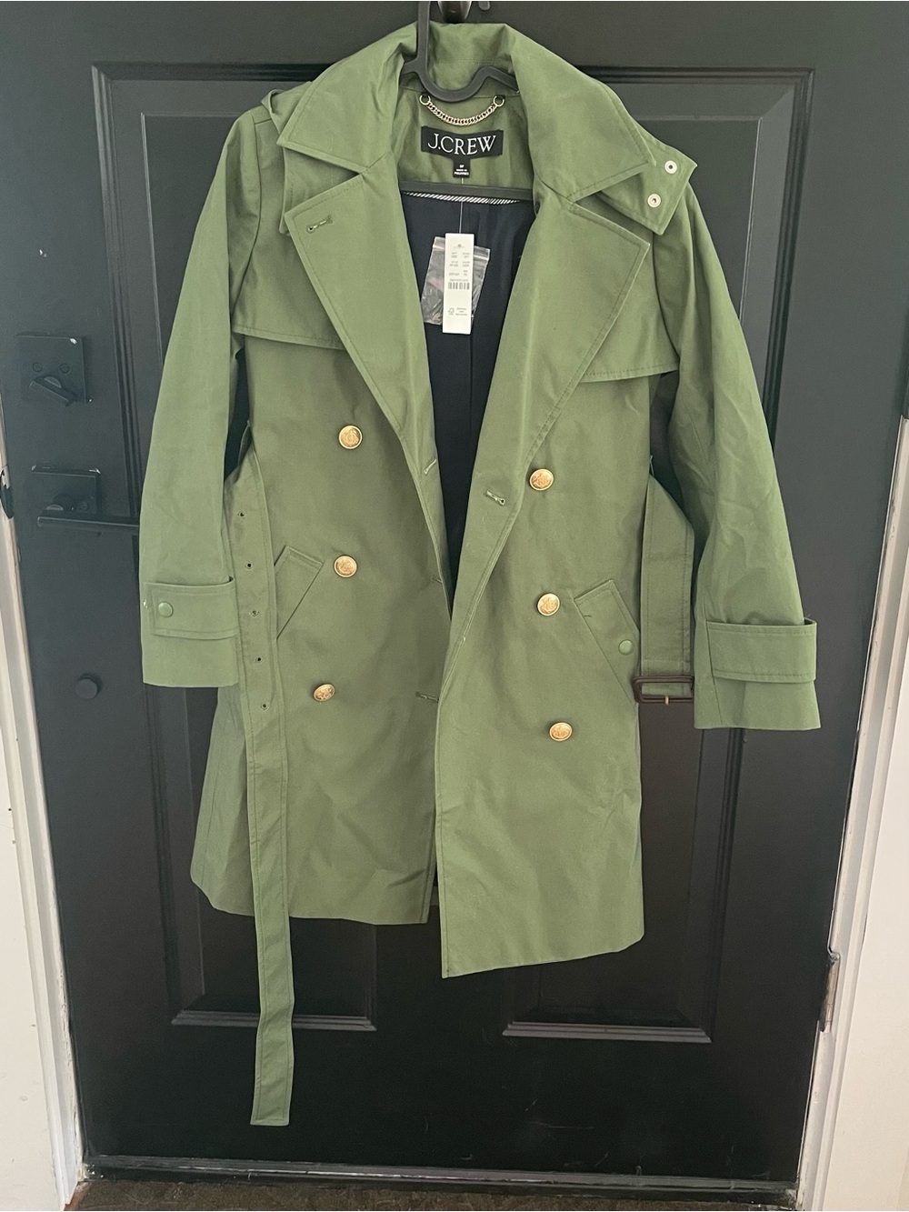 J. Crew Olive Green Trench Coat with Gold Chain Detail